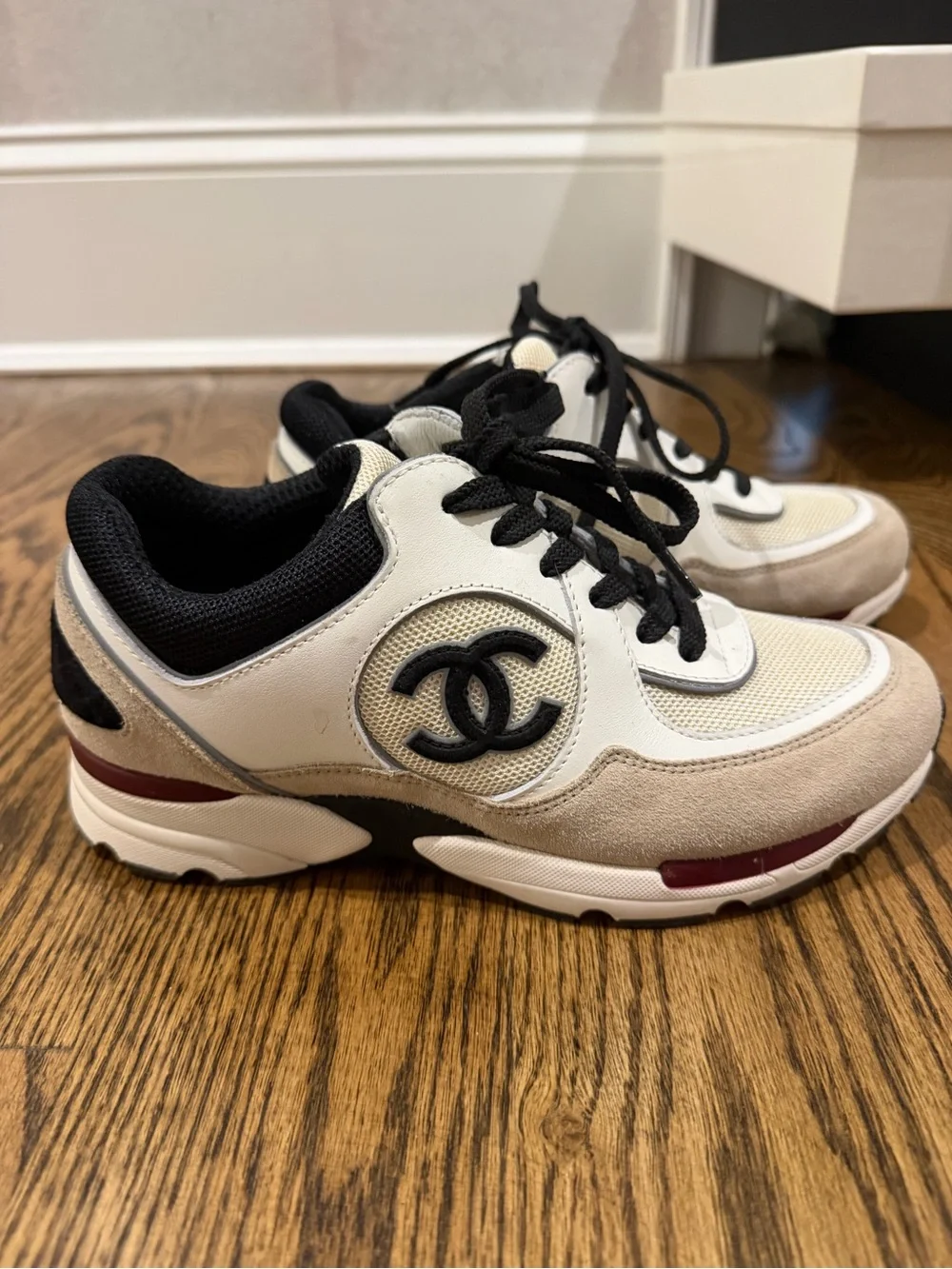 CHANEL Black, White & Beige CC Logo Lace-Up Sneakers